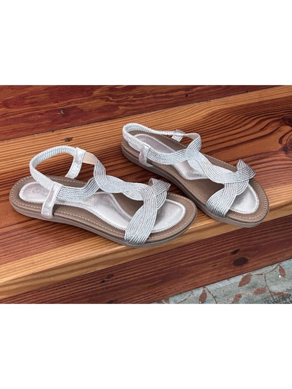 Silver Braided Slingback Sandals Metallic Stretch Comfort Flats Sz 40 US 9